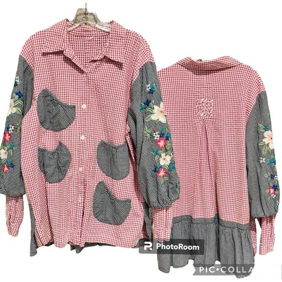Artsy Cottagecore Gingham Embroidered Puff Sleeve Button Down Tunic Top Pink - Picture 1 of 10